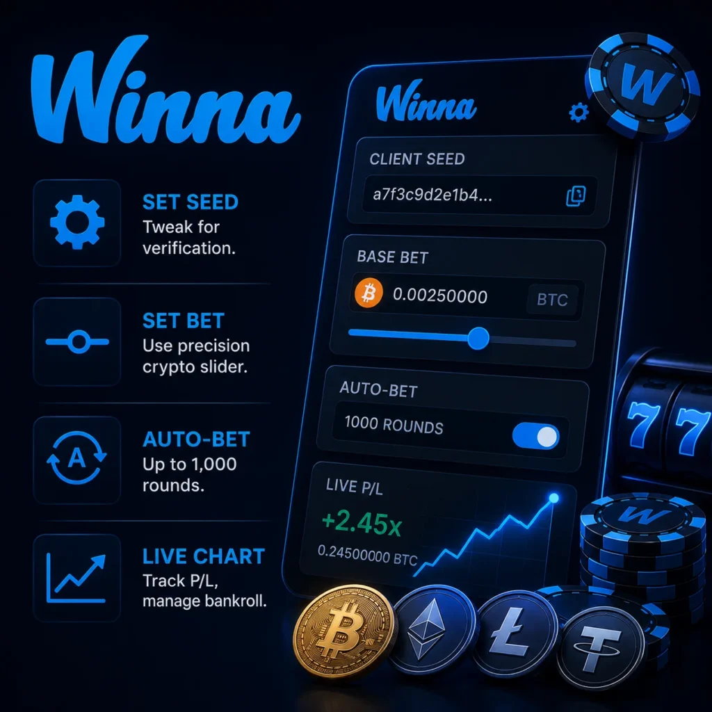 inna crypto casino auto bet settings with live profit chart