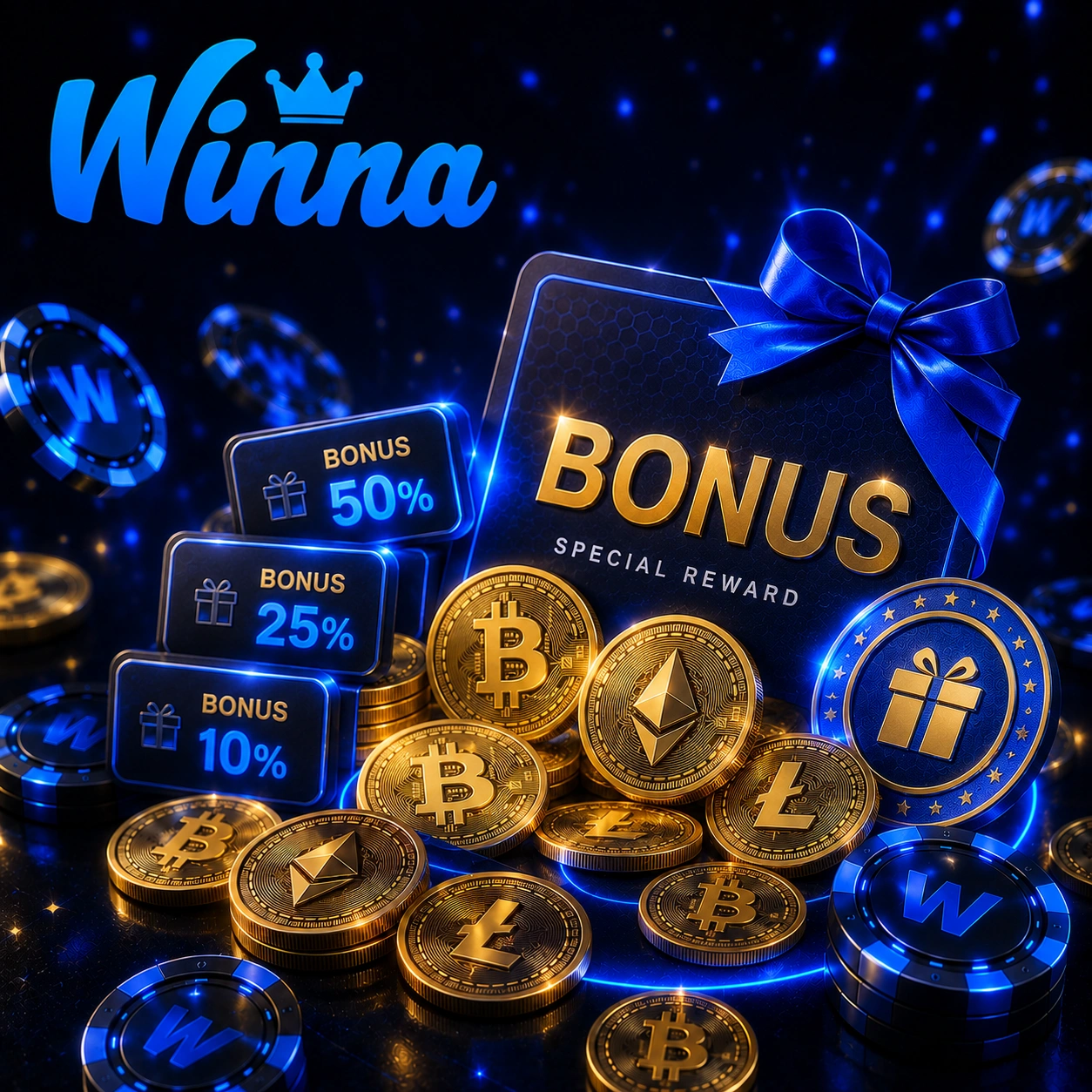 Winna casino gift box with crypto coins and poker chips