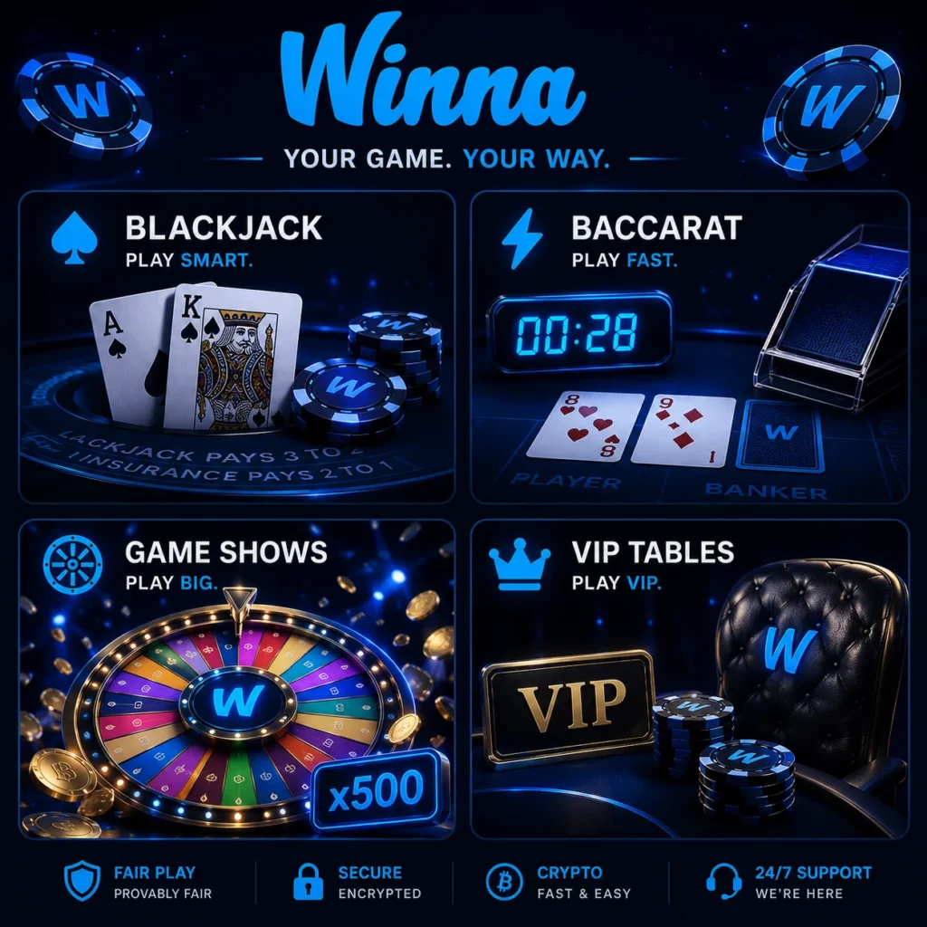 Winna live casino with blackjack baccarat game shows and VIP tables