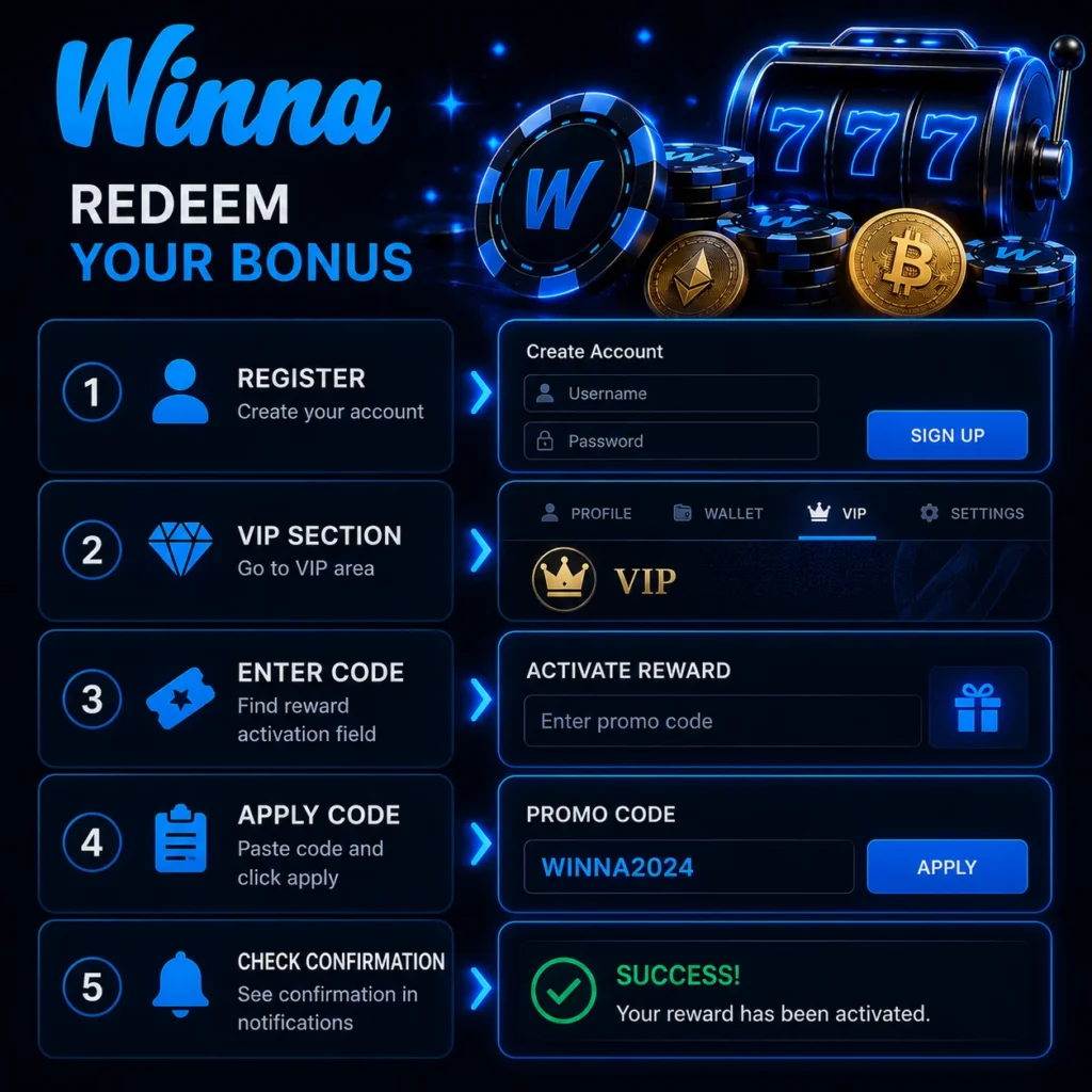 Winna promo code activation with VIP section and reward claim